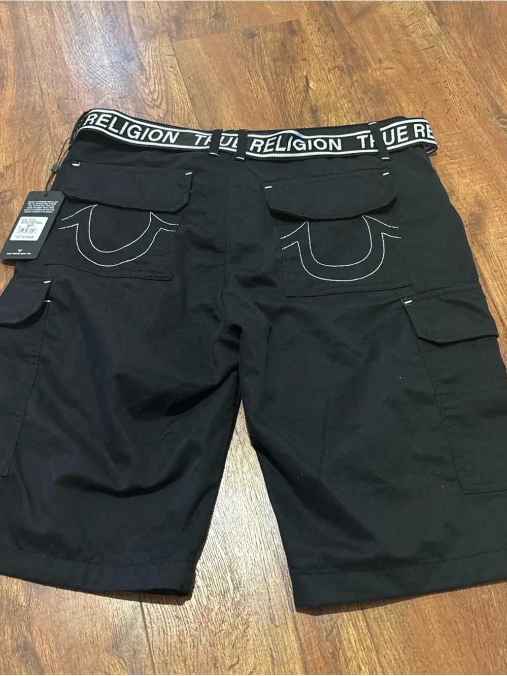 True Religion Black Cargo Shorts with Branded Waistband